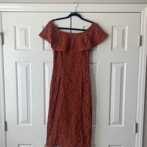 Lulu's Rust Lace Off-Shoulder Midi Dress